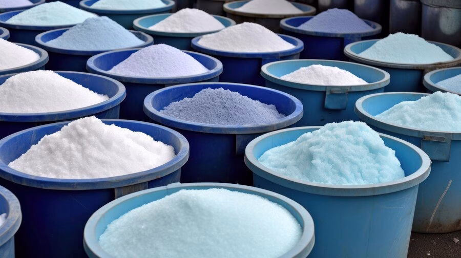 Industrial chemical powders in blue buckets supplied by UD Trading Australia