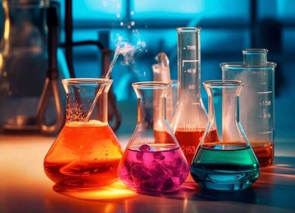 Laboratory flasks of coloured chemical solutions representing UD Trading's quality-tested industrial chemicals
