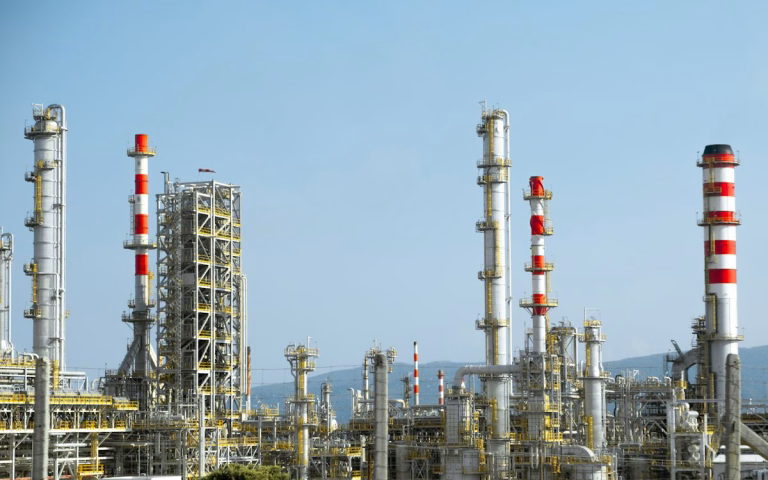 Industrial plant with red and white pipework - MEG price Australia